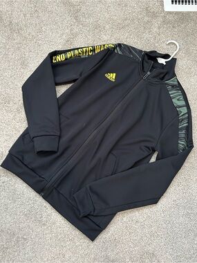 Kid’s Adidas Black Track Jacket with Yellow Logo and Green Accent